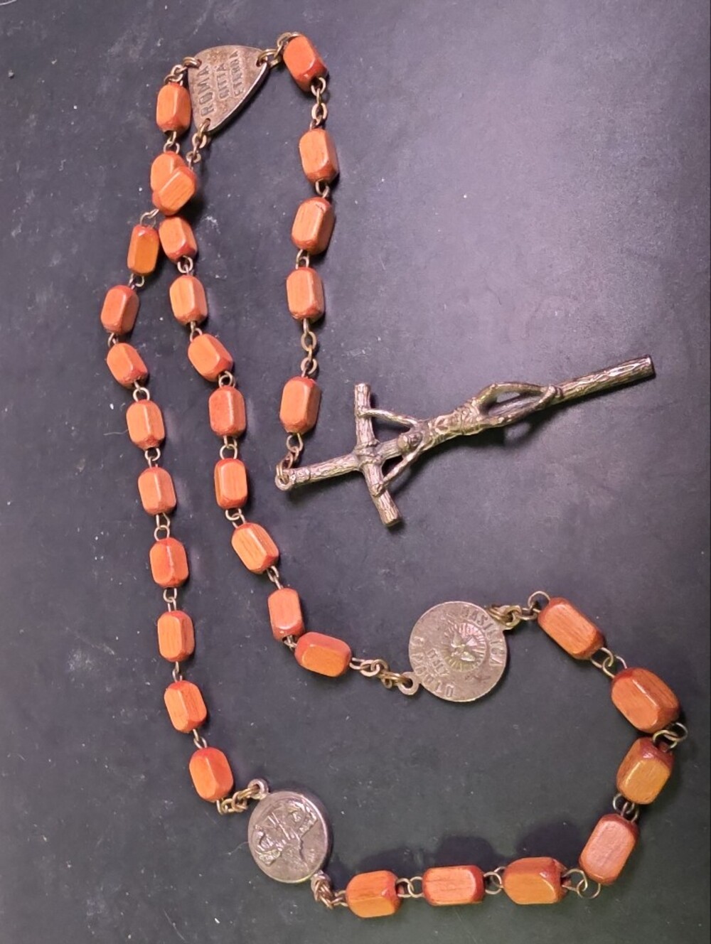 Wood Bead Rosary Necklace with Pastoral Crucifix Capsule Shaped Beads